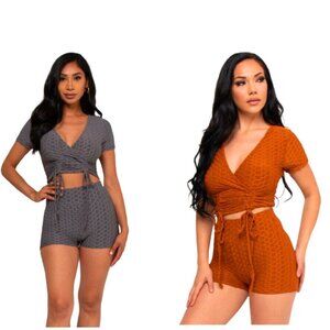 NWT 2pc. Waffle Honey Comb Activewear Fitness Set Scrunch Butt Brick or Gray